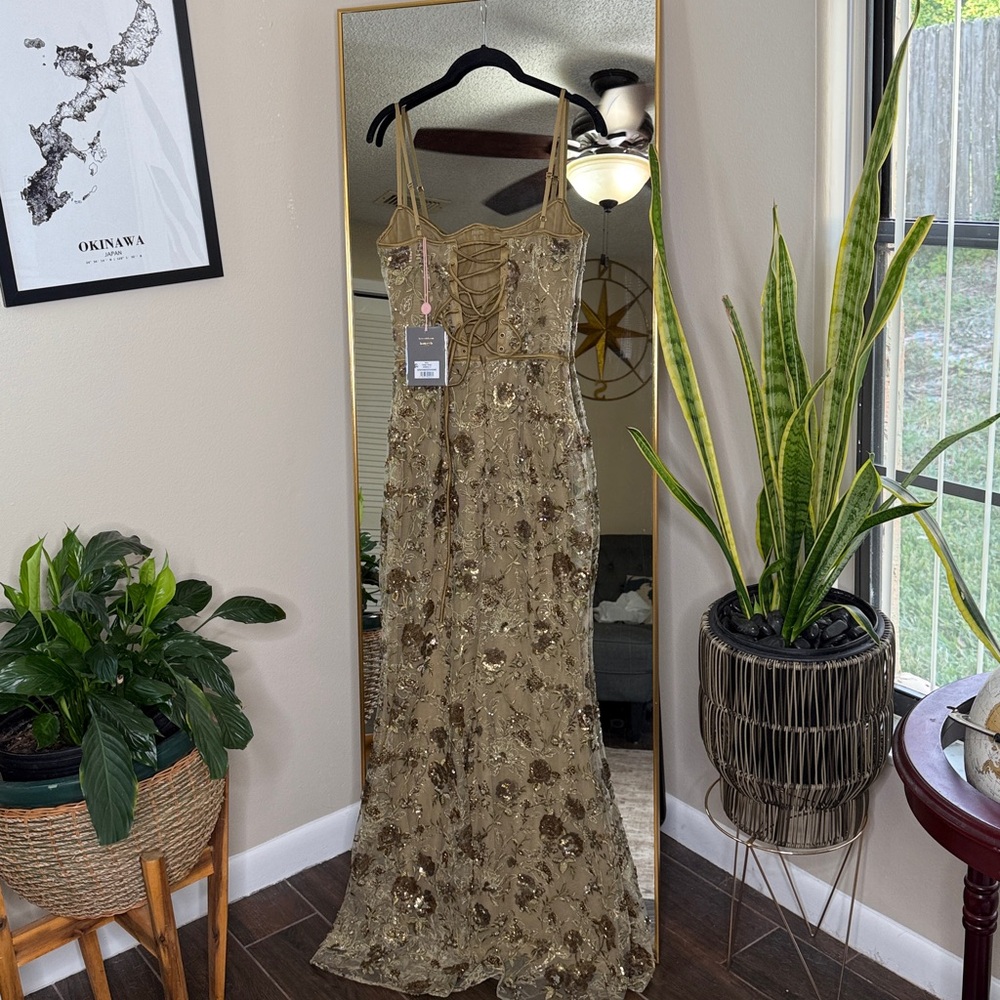 House of CB Naima Olive Bronze Hand Beaded Embellished Corset Maxi Dress NWOT - Picture 11 of 12